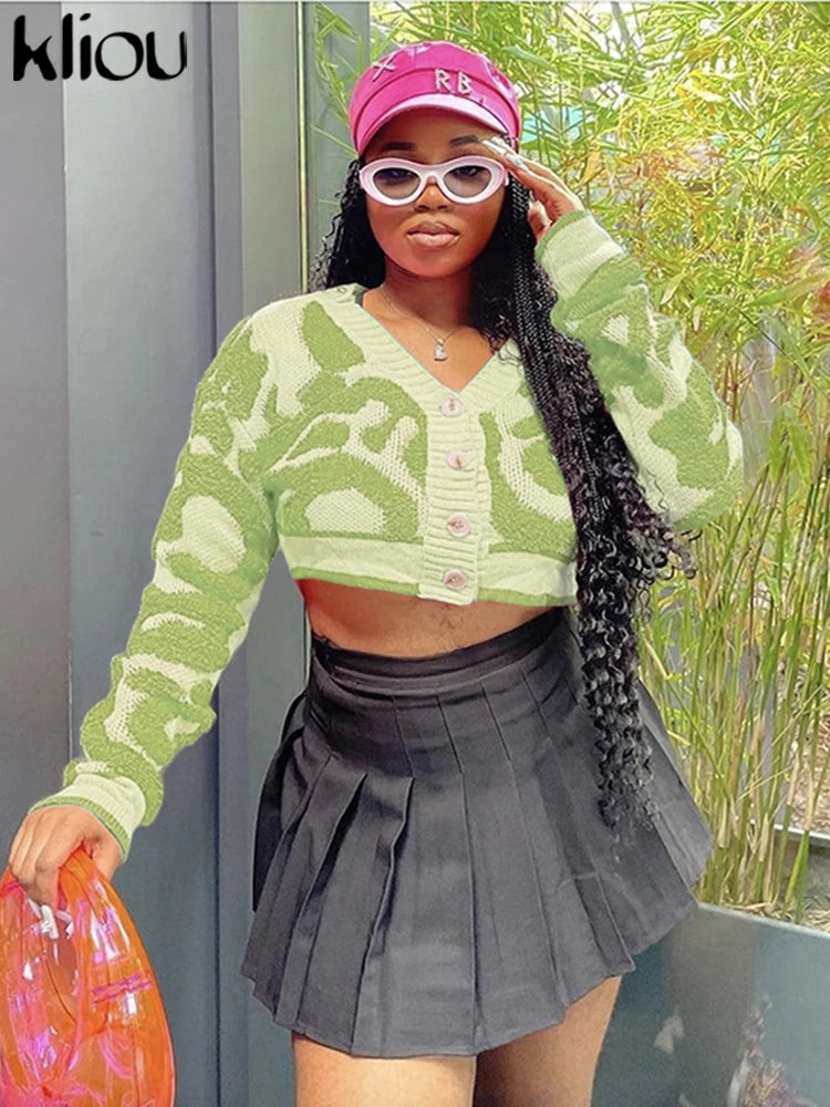 Kliou Knit Coats ladies Autumn New Full Sleeve Breasted Buttons V-neck Ruched Sweather Outwear Bare Midriff Street Tops