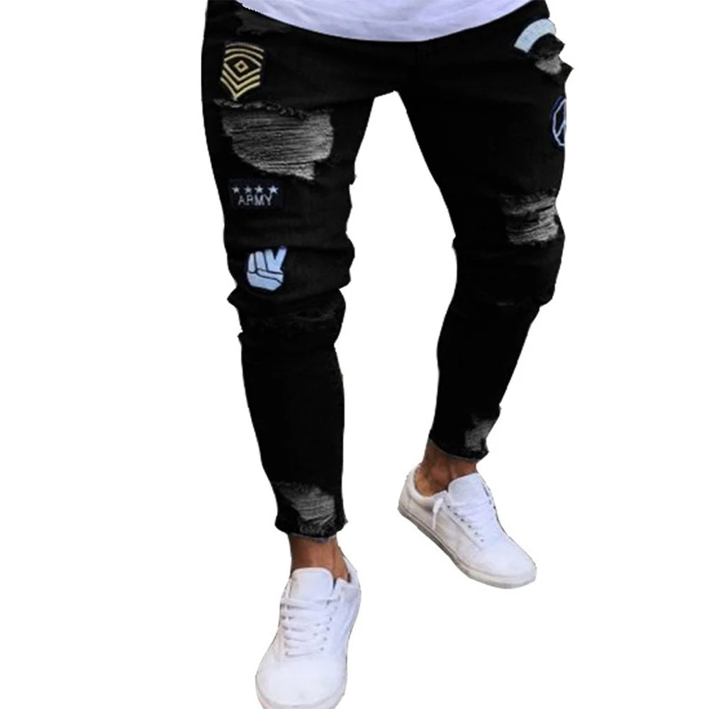 White Embroidery Skinny Ripped denim Men Cotton Stretchy Hole Slim Fit Hip Hop Denim Pants Casual Jeans for Men Jogging Trousers