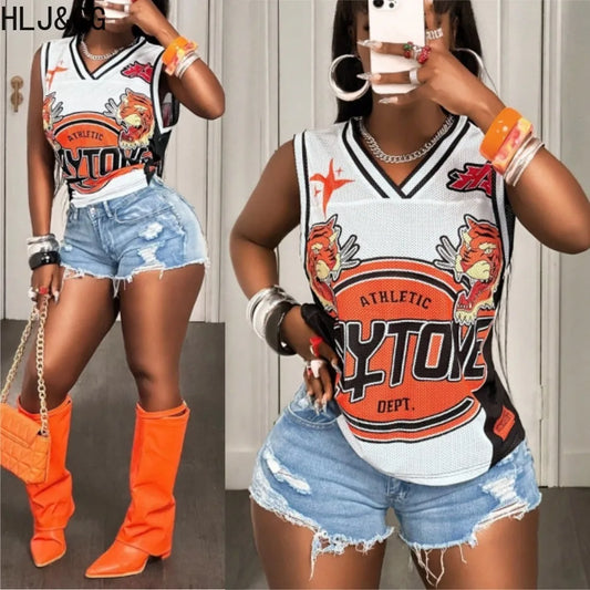 HLJ&GG Fashion Y2K Letter Print Loose Tshirts Two Piece Sets Women Round Neck Sleeveless Top And jeans Shorts Outfits Streetwear
