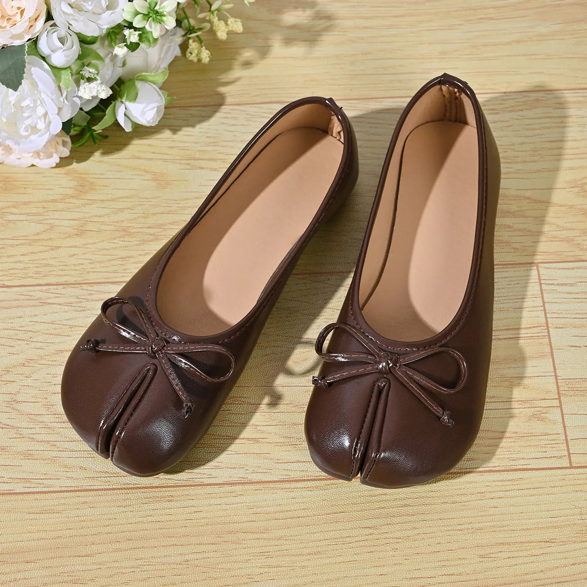 Soft Split Toe Tabi Ballet Flats Women Bowknot Leather Round Toe Ballerina Shoes Low Heel Slip On Loafers Casual Moccasins 2026