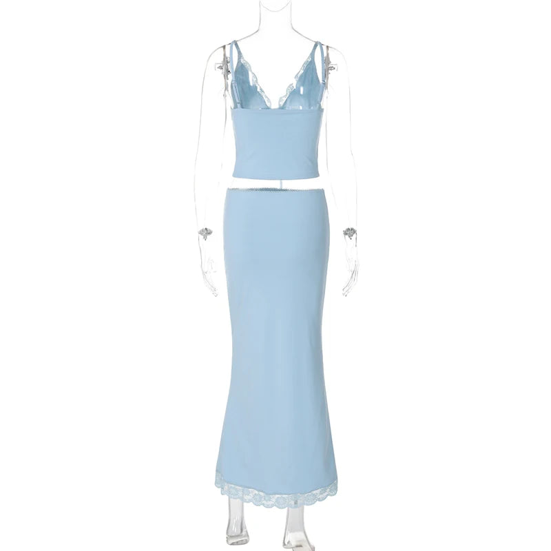 Y2k Matching Suit Women’s 2 Piece Summer Outfits Lace Trim Sleeveless Tie Front Cami Crop Tops and Long Maxi Skirt Set Beachwear