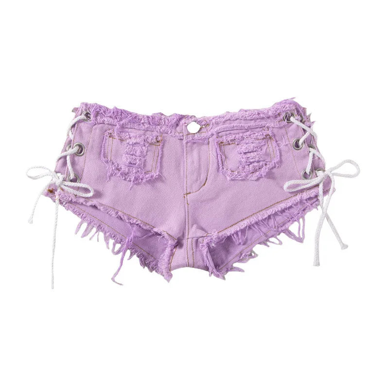 Women's Y2K Low Rise Denim Micro Shorts Lace-Up Side Frayed Booty Shorts for Rave Party Nightclub