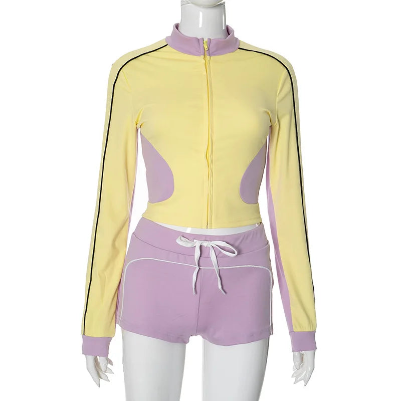 Weird Puss Tracksuit Women Patchwork 2 Piece Set Fall Trend Sporty Zipper Crop Jacket+Shorts Casual Hipster Matching Skinny Suit