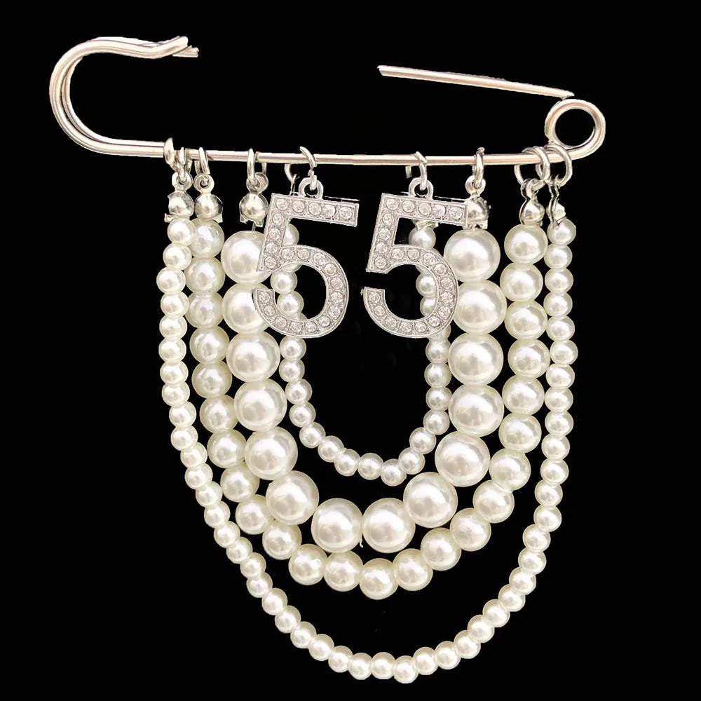 Greek Number Sorority Cloth Twisted Pearl Brooches for Women Fashion Coat Link Pins Hanging Style Brooch Summer Jewelry