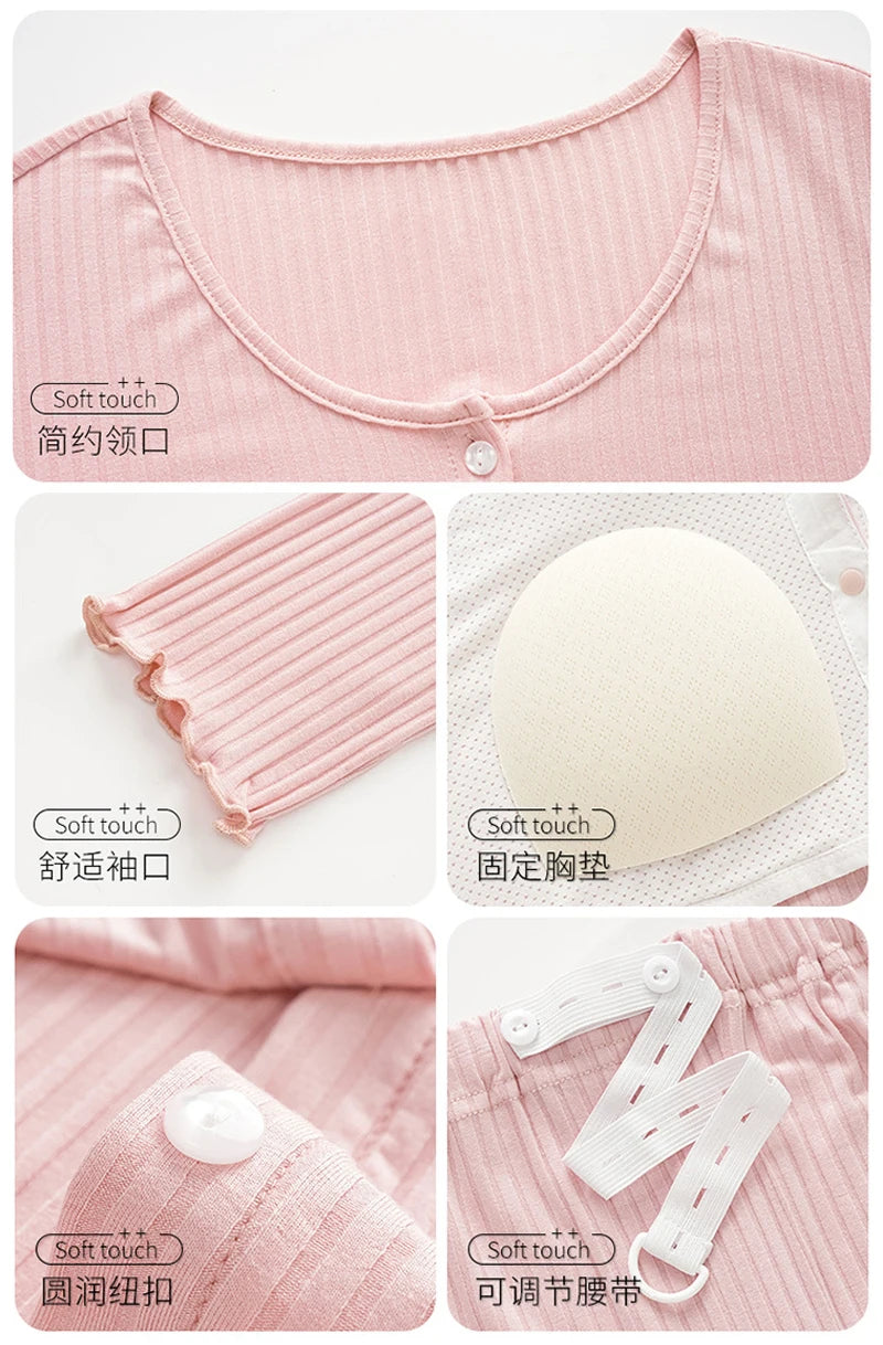 Pregnancy Comfort Pajamas Set Solid Color Long-sleeved Pants and Halter Vest Three-piece Maternity Nursing Homewear Sleepwear