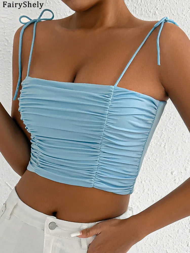 Fairyshely Sexy Female Summer Tied Strap Top 2025 Women Lace Sleeveless Bodycon Short Vest Lady Blue Off Shoulder Clud Crop Tops