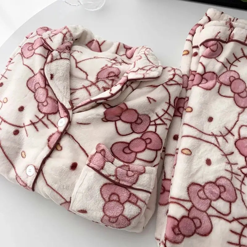 Sanrio Hello Kitty Women's Pajamas Sets Cuteore Cartoon Winter Warm Sleepwear Long Sleeve Pants Nightwear Flannel Home Clothes