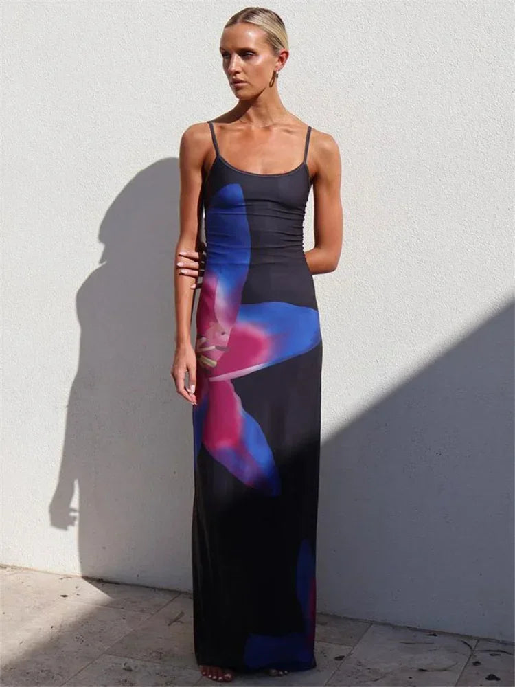 Elegant Printed Backless Long Dress Summer Women's Fashion Contrast Color Party Dress Patchwork Suspender Long Dress 2024 New