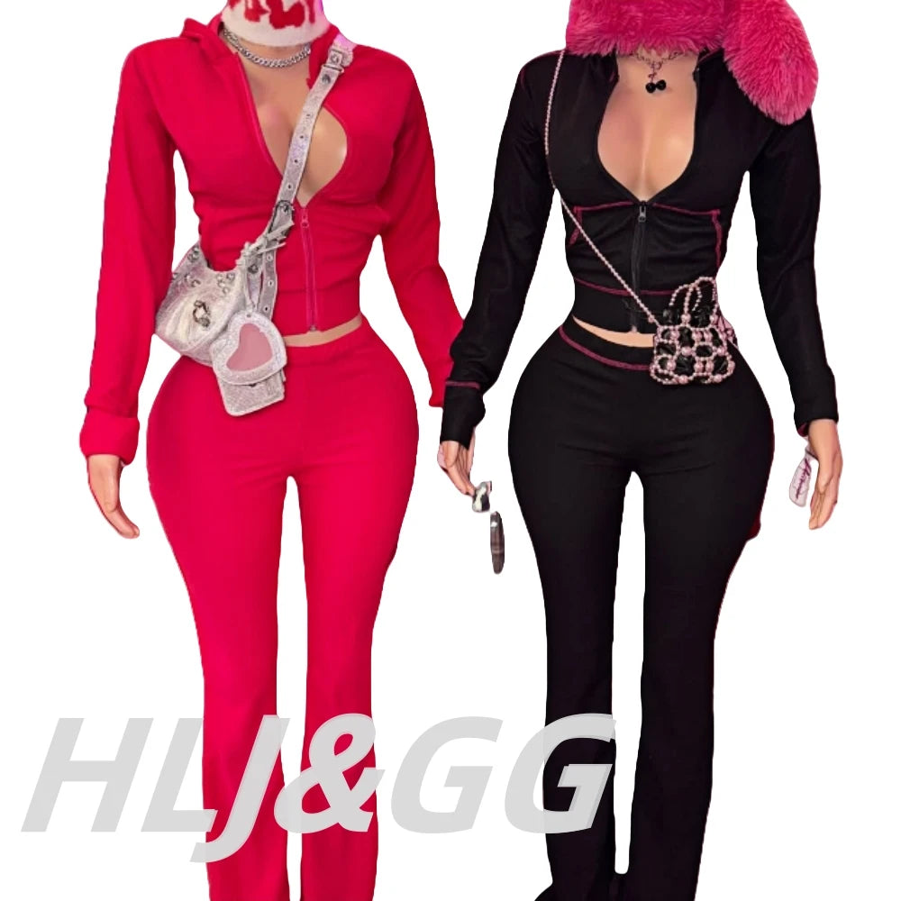 HLJ&GG Spring New Waffle Flare Pants Two Piece Sets Women Zip Hooded Long Sleeve Top + Pants Outfits Casual Sporty 2pcs Clothing