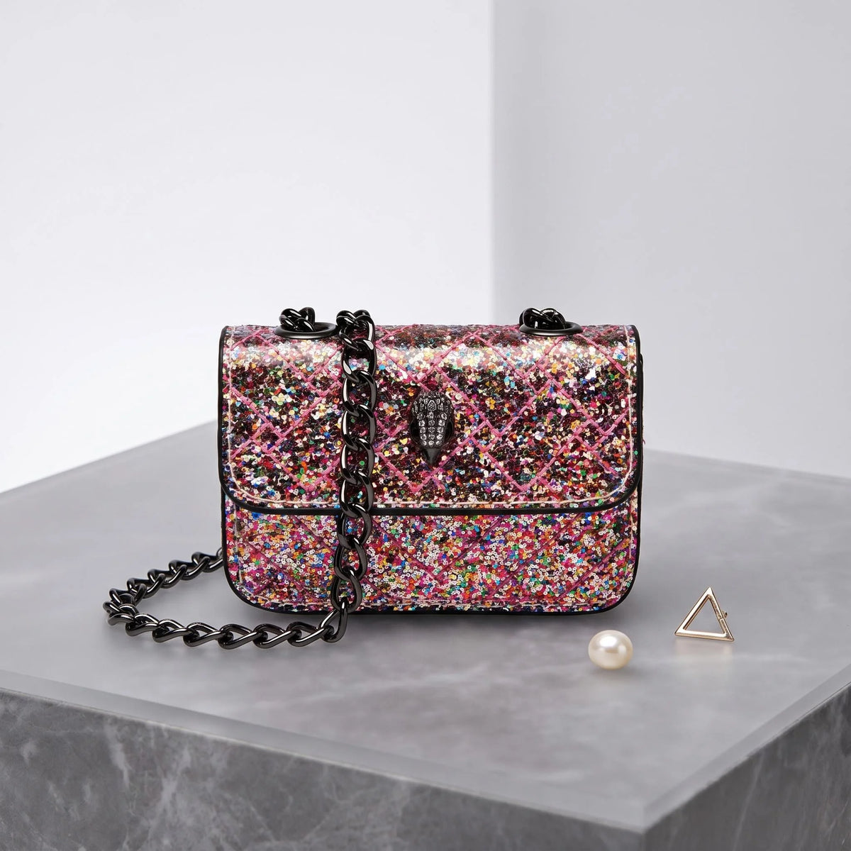 Multicolor Glitter Sequins V Diamond Quilted Mini Square Bag Ladies Eagle Head Lock Gold Metal Chain Crossbody Shoulder Handbag