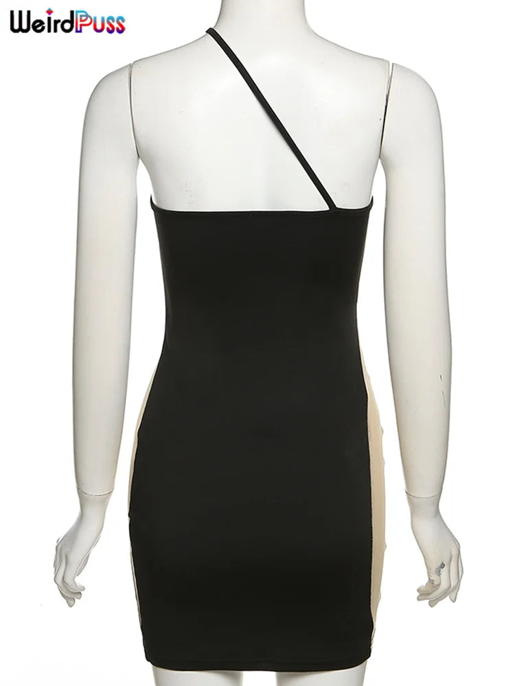 Weird Puss 2022 Mesh Patchwork Sexy Dress Women Sleeveless One Shoulder Skinny Summer Vacation Birthday Party Clubwear Bodycon