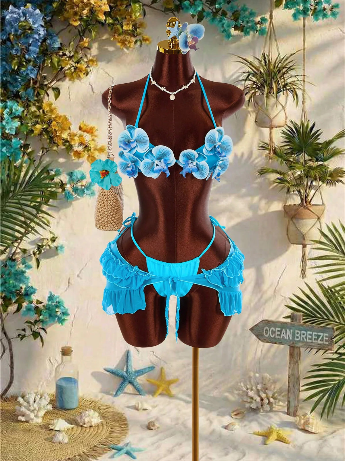 Sexy Pink 3D Floral Bikini Set Women Mesh Ruffle Cover Up 3 Piece Swimsuit 2026 Summer Push Up Bra Bathing Suit Holiday Swimwear