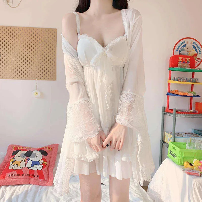Summer Sexy Pajamas with Breast Pads Female Lace Pajamas Robe Gown Set Sexy Sleepwear White Lace Night Gown  Lingerie for Women
