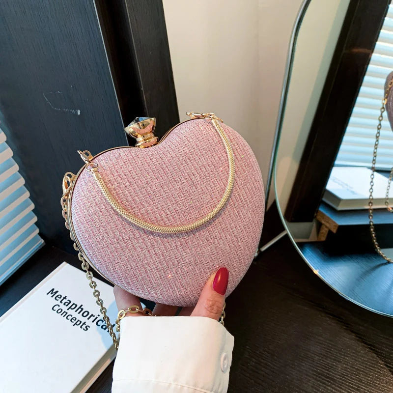 Evening Clutch Bag For Women Shiny Heart Shape Metal Clutch Chain Shoulder Purse