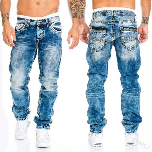 Vintage Wash Wash Straight Hip Hop Jeans Men Streetwear Casual Denim Cargo Pants Spring and Autumn Zipper Print Stretch Jeans