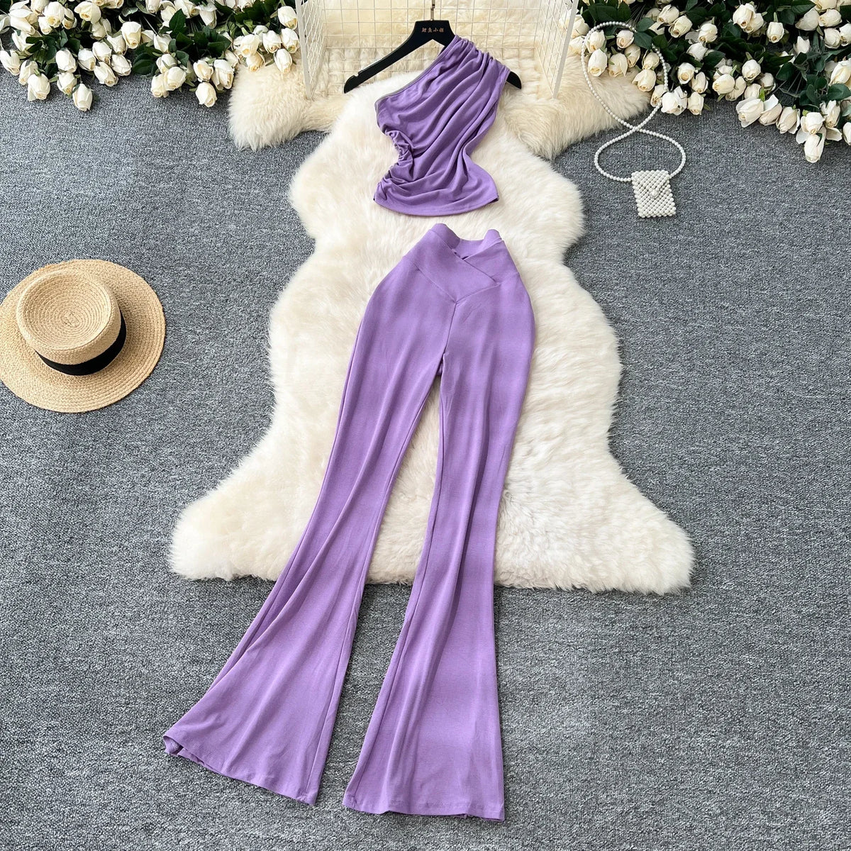 Chic Women Two-Piece Sets Vintage Diagonal Collar Sleeveless Pleated Top and High Waist Flare Pants Korean High Street Clothing
