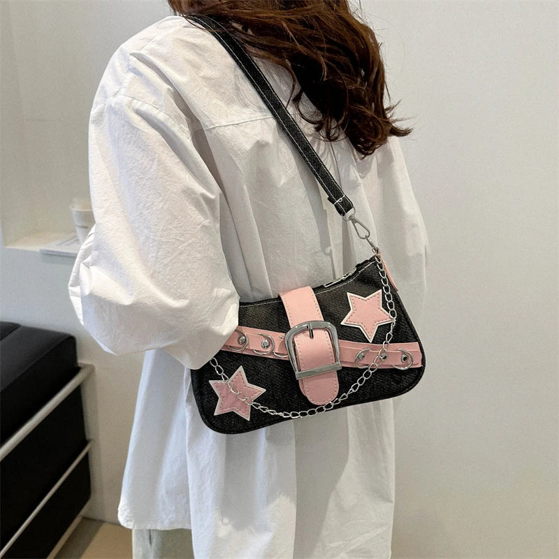 Fashion Women's Handbags Denim Stars Pattern Cool Girls Underarm Bag Female Small Shoulder Hobo Bags Chain Tote Bag