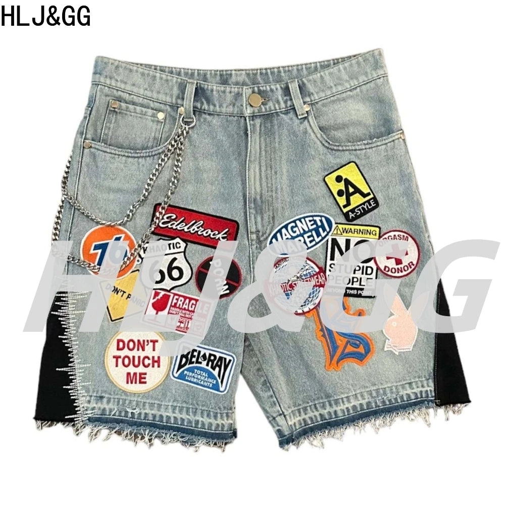 HLJ&GG Blue Retro Fashion jeans Two Piece Sets Women One Shoulder Short Sleeve Crop Top+Jeans Shorts Outfits Fashion Streetwear