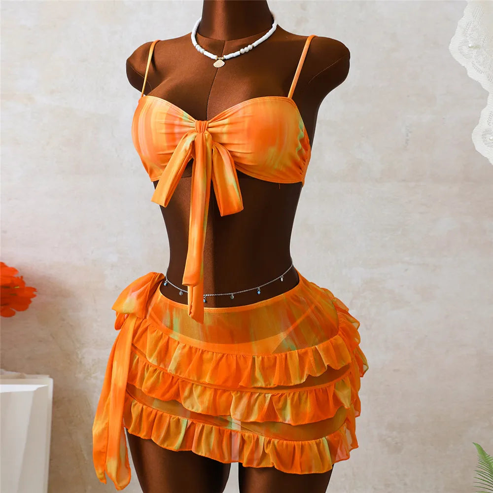 Orange Print Front Knotted Bikinis Sets 3 Pieces Ruffled Skirts Swimwear Sexy Micro Thong Swimsuit Women 2026 Bikini Beachwear