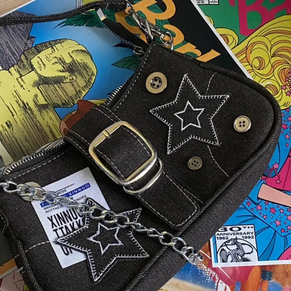 Y2K Canvas Chain Shoulder Bag jeans Stars Pattern Underarm Bag Women's Handbag for Woman Girls
