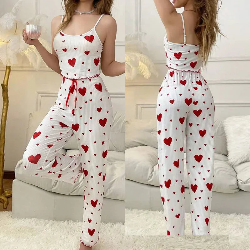 Autumn Winter Pajamas for Women Sleepwear Heart Print Sleeveless Cami Tops with Long Trouser 2 Pieces Set Loungewear