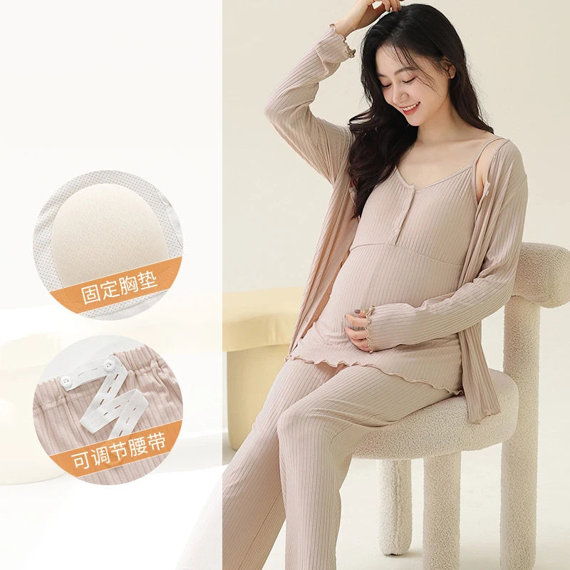 Pregnancy Comfort Pajamas Set Solid Color Long-sleeved Pants and Halter Vest Three-piece Maternity Nursing Homewear Sleepwear