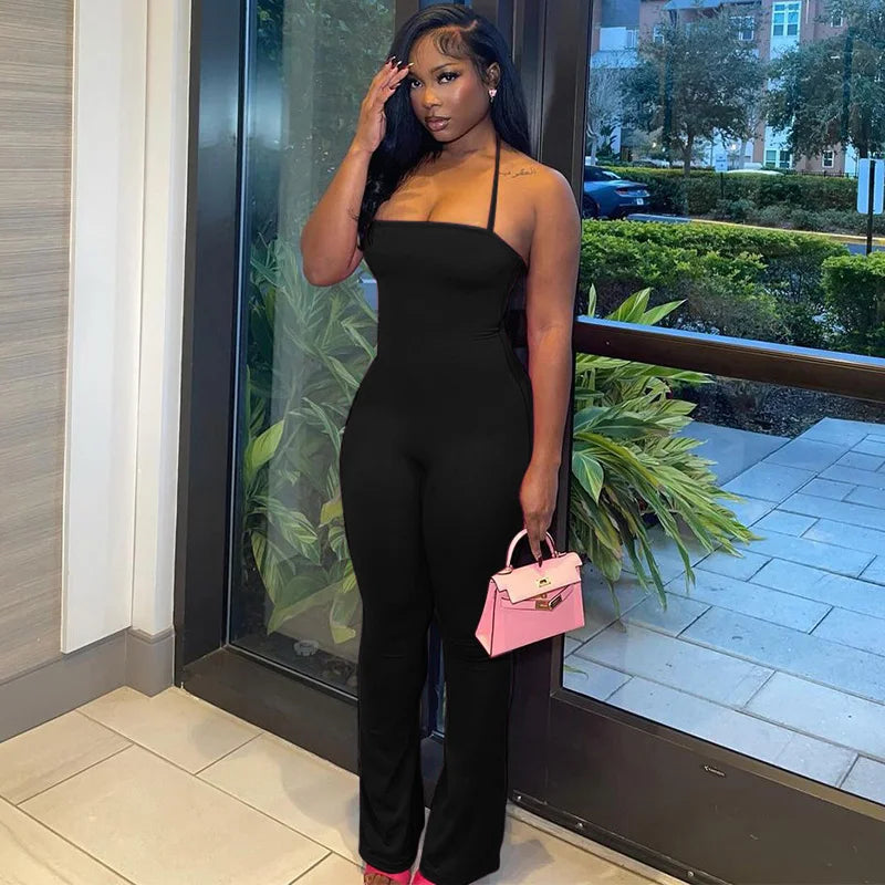 Hugcitar 2025 Spring Halter Solid Sleeveless Backless Sexy Bodycon Flare Pants Jumpsuit Women Casual Rompers Streetwear Festival