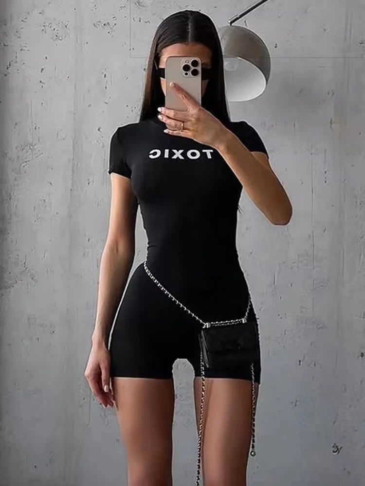 Weird Puss Letter Print Fashion Romper Women Body-Shaping  o-Neck Mini Sleeve Tight Peach Hip Casual Simple Workout Playsuits