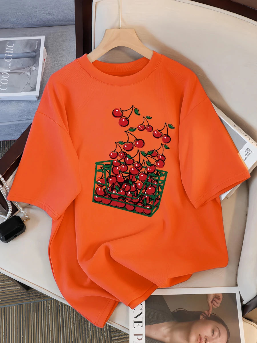 A Basket Of Cherries Printing Female Tee Shirt Breathable Casual T-Shirts Summer Short Sleeve Soft Loose Streetwear Women