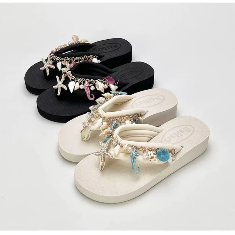 Women's Summer Bohemian Seaside Vacation Slippers Outside Pinch Beach Shoes Fashion Platform Slippers Flip-flops