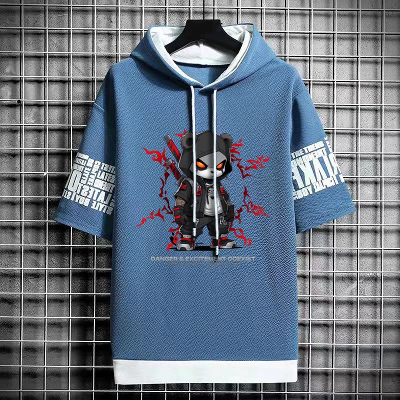 2024 Men's Sweatshirts Korean Fashion Harajuku Streetwear Short Sleeve Hoodies Men Summer Men Clothing Print Cartoon Hoodies Men