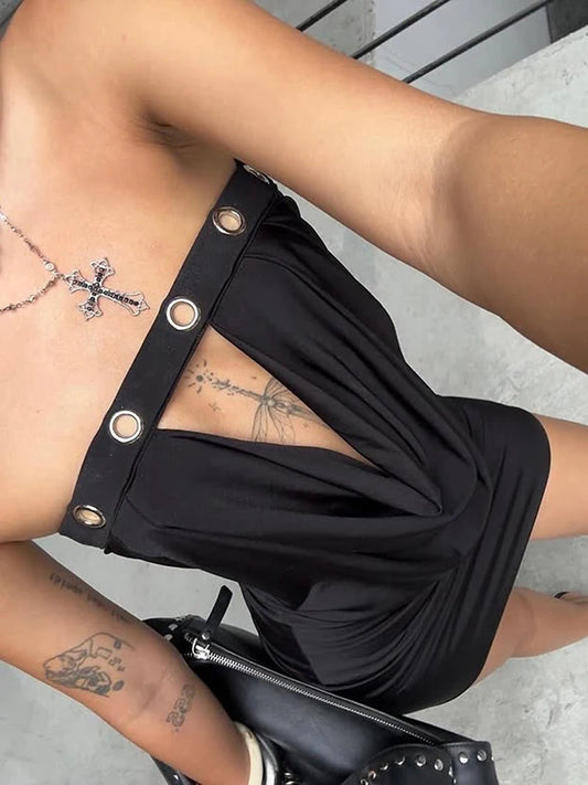 Weird Puss Metal Hollow Dress Women Sexy Y2K Ruched Swing Collar Skinny Midnight Coquette Party Summer Trend Streetwear Bodycon