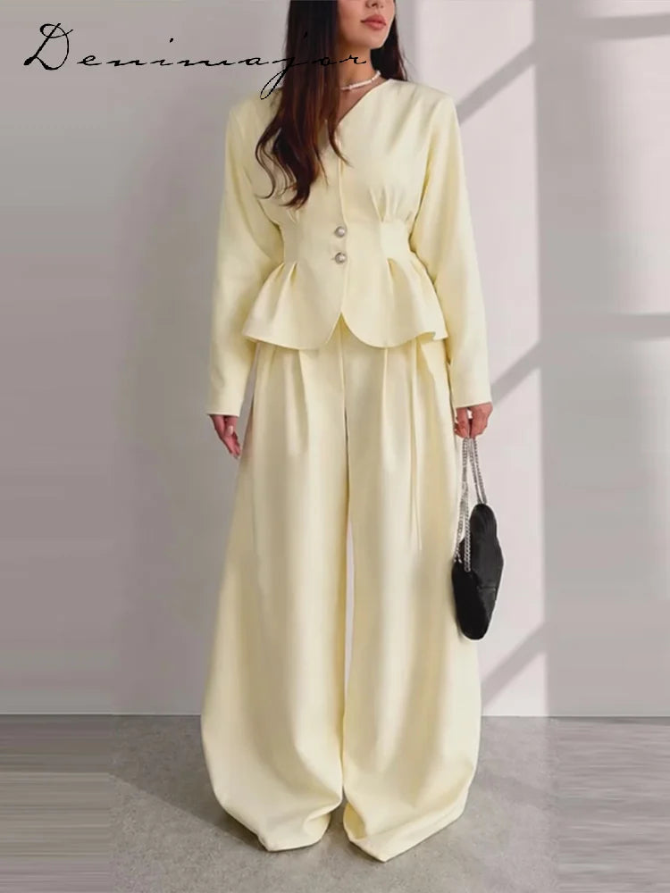 Fashion Solid Two-Piece Set Women V-Neck Ruffle Hem Waist-cinching Coats Bow Lace Up Wide Leg Pants 2026 Autumn New Lady Outfit
