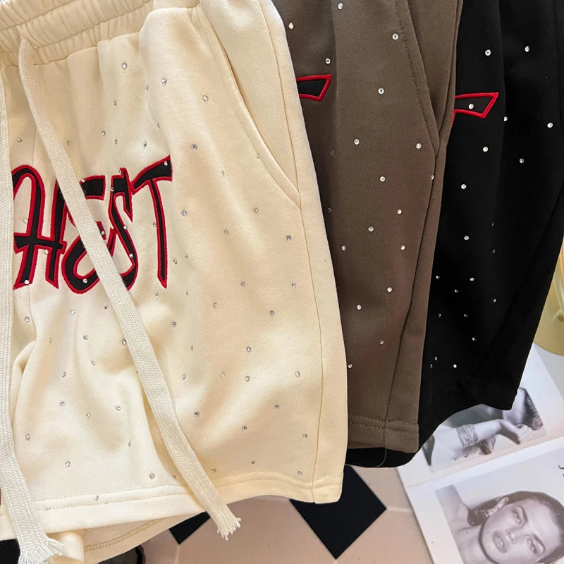 Diamond Patch Embroidered Letter Logo Casual Shorts Loose Drawstring Shortpants Jorts for Men Women