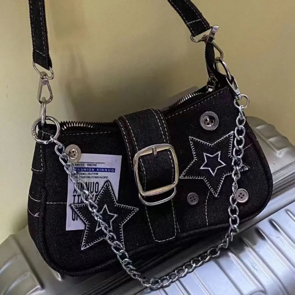 Y2K Canvas Chain Shoulder Bag jeans Stars Pattern Underarm Bag Women's Handbag for Woman Girls