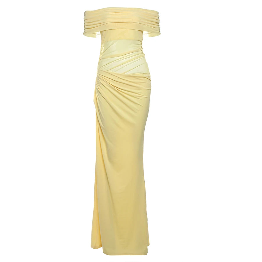 Mesh Patchwork Slash Neck Ruched Long Bodycon Dress — Women's
