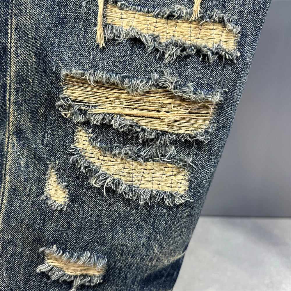 Ripped Baggy Jeans Distressed Denim Streetwear Skateboard Pants Straight Leg Patchwork Oversized Urban Fashion Workwear, men's jeans