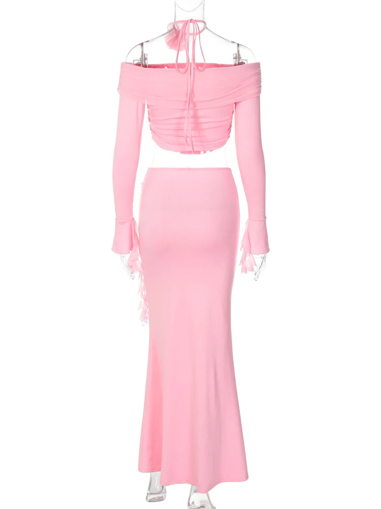 Dulzura Matching Suit Neck Accessories 3D Flower Off Shoulder Long Trumpet Sleeves Crop Top Tassel Maxi Skirt 2024 Autumn Women