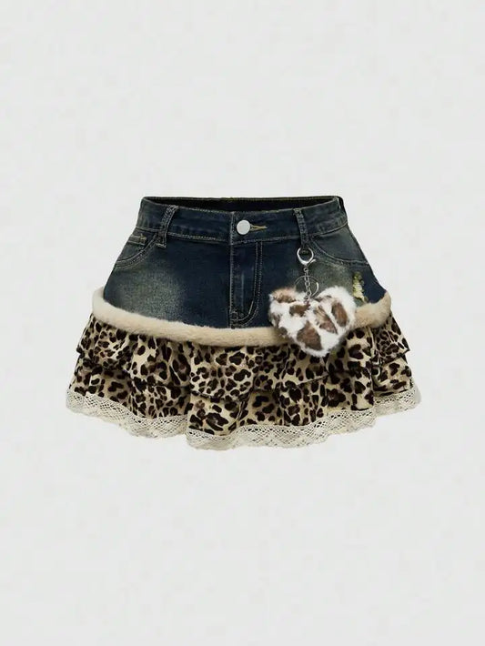 Harajuku Subculture jeans  Leopard Print Splicing Y2k Skirt Kawaii Gothic Mini Pleated Skirt Casual Retro Streetwear Skirts Women