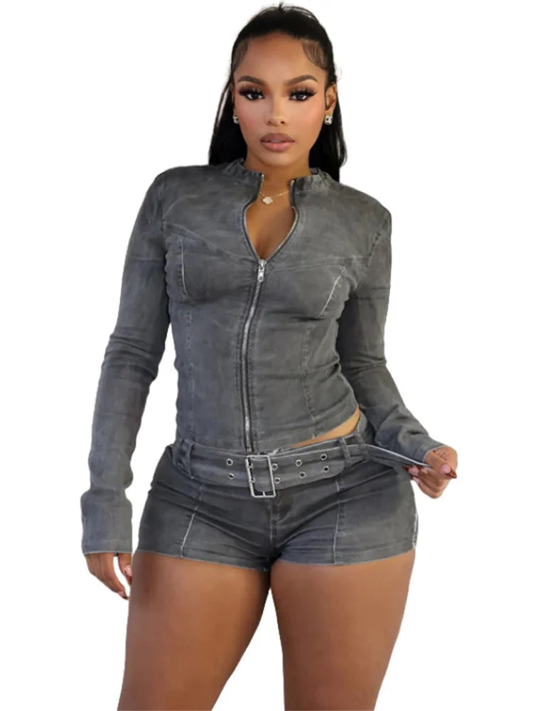 Weird Puss Distressed Denim 2 Piece Set Women Zipper Cardigan Full Sleeve Jacket+Sashes Patchwork Shorts Street Trend Chic Suits