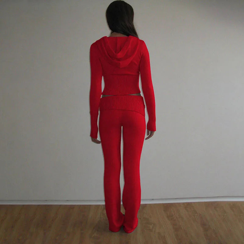Y2k Slim Fashion 2 Piece-Set Women Sexy Bodycon Long Sleeve Zipper Hooded Sweater Crop Top Flare Pants Two Piece Sets Streetwear