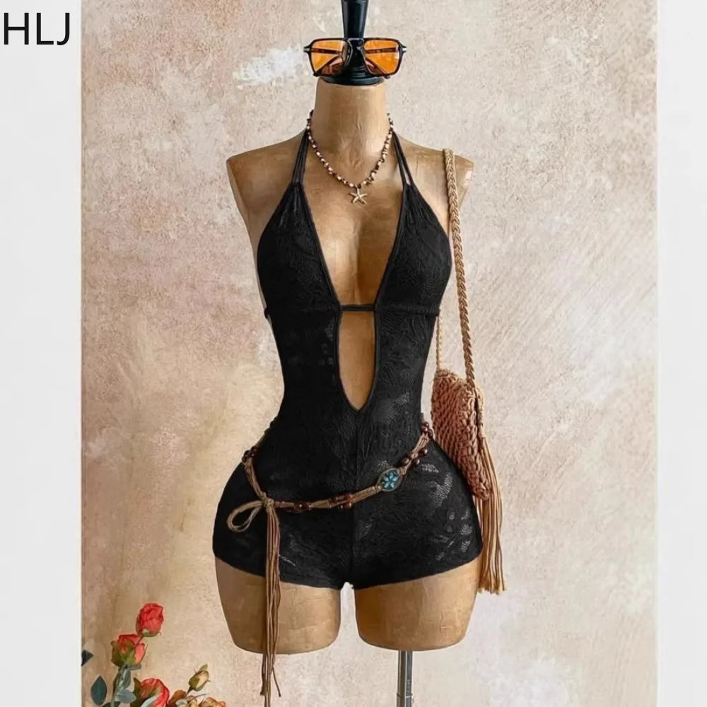 HLJ Summer New Sexy Lace See Through Patchwork Bodycon Rompers Woman Deep V-neck Backless Jumpsuits Female Streetwear Overalls