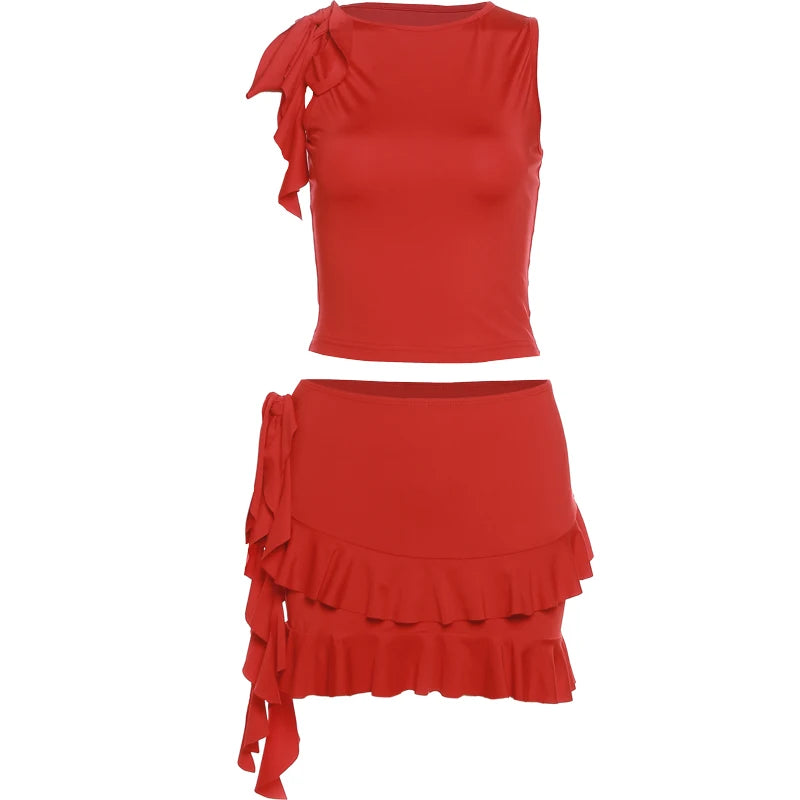 Weird Puss Women 2Piece Set Double-Deck Pleated Tassel Mini Skirt+Bandage Slim Tank Top Festival Party Sexy Matching Outfits