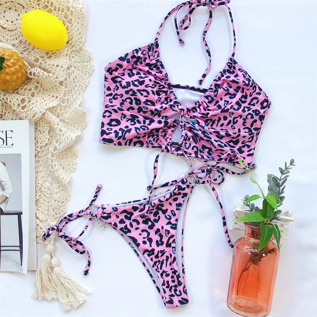 Sexy High Cut Leopard Bikini Women Swimwear Female Swimsuit Two-pieces Bikini set Lace Up Bather Bathing Suit Swim V1708