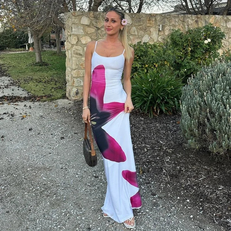Elegant Printed Backless Long Dress Summer Women's Fashion Contrast Color Party Dress Patchwork Suspender Long Dress 2024 New
