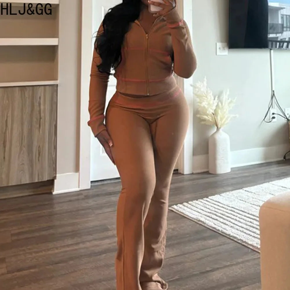 HLJ&GG Spring New Waffle Flare Pants Two Piece Sets Women Zip Hooded Long Sleeve Top + Pants Outfits Casual Sporty 2pcs Clothing