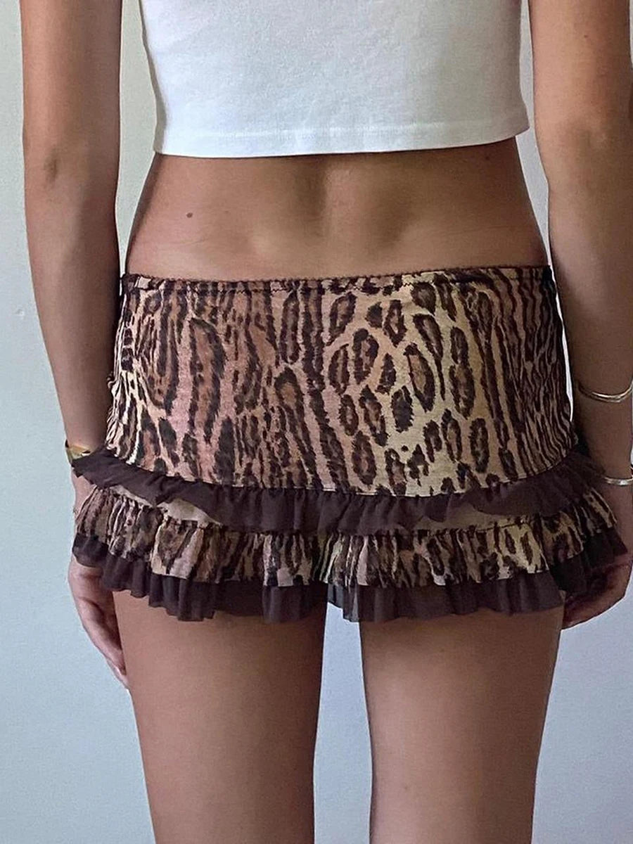 Y2K Fairycore Skirt Leopard Drawstring Harajuku Streetwear Gothic Retro Mini Skirt Hip Hop Low Rise Skirts Punk Fashion Dress