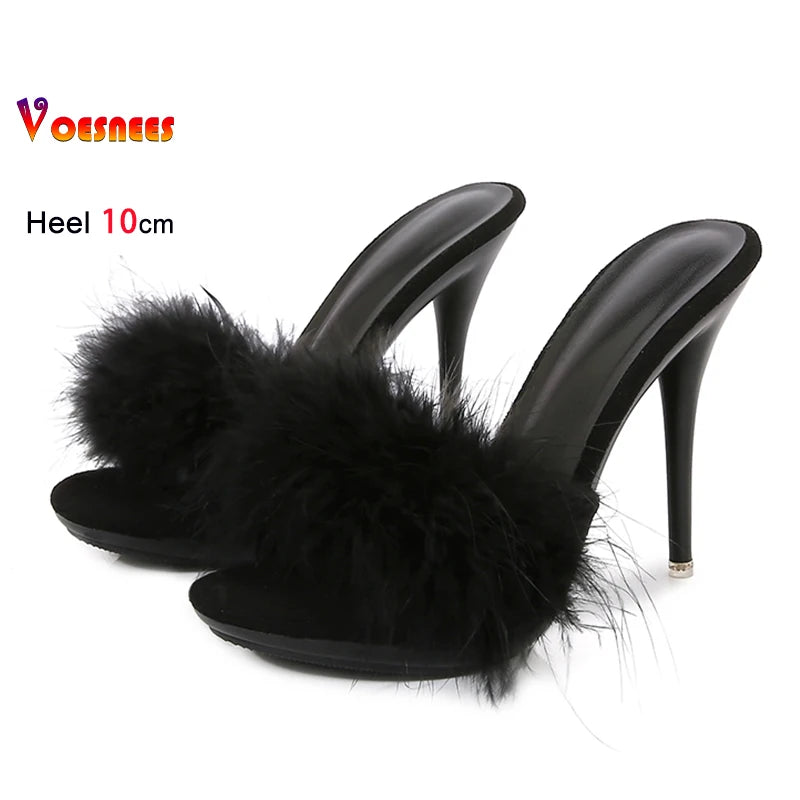 10CM Thin High Heel Designer Plus Size Summer Slippers For Ladies 2025 New Furry Slip-on Women's Shoes Pink Fur Slides Sandals