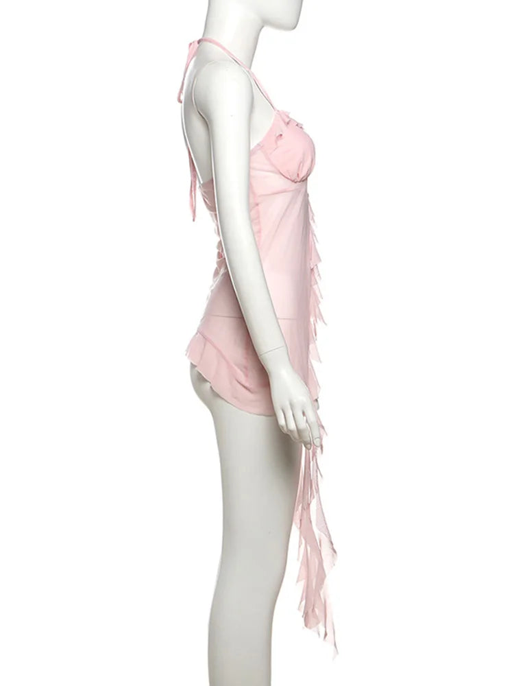 Weird Puss Patchwork Mesh Y2K Sexy Camisole Women Halter Bandage Low-Neck Tassel Ruffles 3d Flowers Midnight Club Sexy Tank Tops