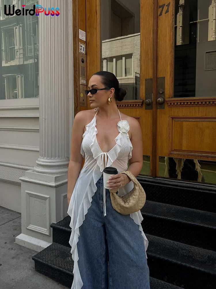 Weird Puss Blossoms Tank Tops Women Ruffles Y2K Summer Trend Sexy V-Neck Irregular Tassel Halter Backless Wild Street Camisole